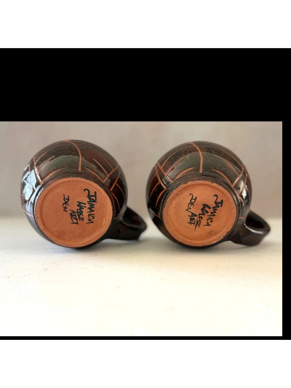 Wassi Art Jamaican Pottery Mug Pair | Hand Carved Leaf Redware Coffee Cups